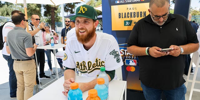 Paul Blackburn #58 of the Oakland Athletics speaks with the media during the American League Media Availability at Dodger Stadium on Monday, July 18, 2022 in Los Angeles, California.