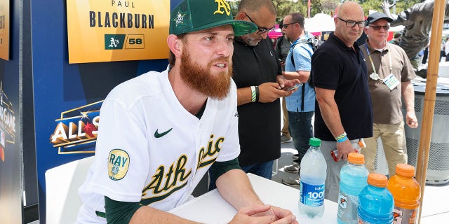 Paul Blackburn #58 of the Oakland Athletics speaks with the media during the American League Media Availability at Dodger Stadium on Monday, July 18, 2022 in Los Angeles, California.