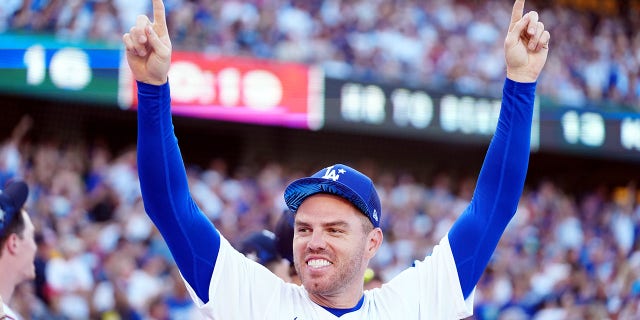 Freddie Freeman of the Los Angeles Dodgers cheers during the T-Mobile Home Run Derby at Dodger Stadium July 18, 2022, in Los Angeles. 