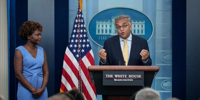 WASHINGTON, DC - JULY 22: (L-R) White House Press Secretary Karine Jean-Pierre and COVID-19 Response Coordinator Ashish Jha speak to reporters during a press briefing at the White House July 22, 2022 in Washington, DC. On Thursday morning, the White House Press Office announced that U.S. President Joe Biden tested positive for COVID-19. (Photo by Drew Angerer/Getty Images)
