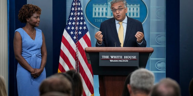 WASHINGTON, DC - JULY 22: (L-R) White House Press Secretary Karine Jean-Pierre and COVID-19 Response Coordinator Ashish Jha speak to reporters during a press briefing at the White House July 22, 2022 in Washington, DC. On Thursday morning, the White House Press Office announced that U.S. President Joe Biden tested positive for COVID-19. (Photo by Drew Angerer/Getty Images)