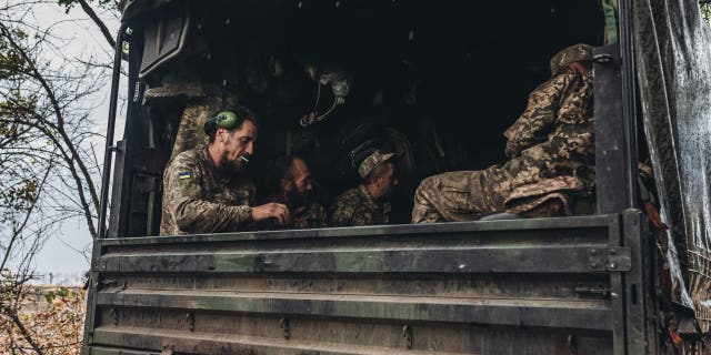 Ukrainian soldiers on a truck at the forefront of Donbus in Donetsk, Ukraine, on July 23, 2022.