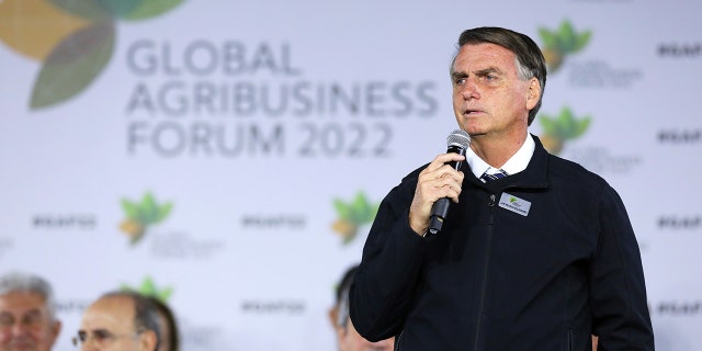 Brazilian President Jair Bolsonaro speaks during the opening day of the 2022 Global Agribusiness Forum on July 25, 2022 in Sao Paulo, Brazil. 