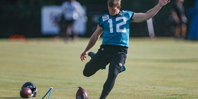 Jacksonville Jaguars kicker Andrew Mevis (12) during training camp July 26, 2022, at Episcopal School of Jacksonville in Jacksonville, Fla.
