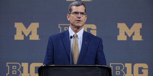 Head coach Jim Harbaugh of the Michigan Wolverines speaks during the 2022 Big Ten Conference Football Media Days at Lucas Oil Stadium in Indianapolis, Indiana, on July 26, 2022.