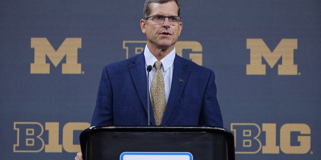 Head coach Jim Harbaugh, of the Michigan Wolverines, speaks during the 2022 Big Ten Conference Football Media Days at Lucas Oil Stadium on July 26, 2022 in Indianapolis, Indiana. 