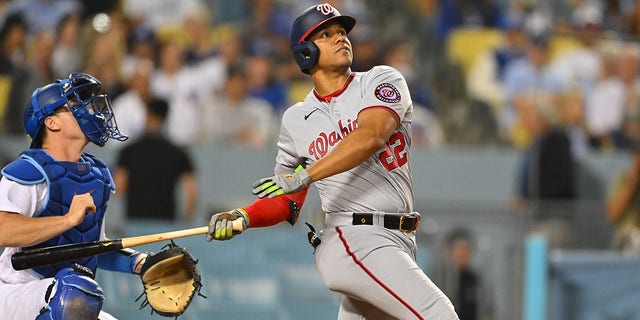 Juan Soto, 22, of the Washington Nationals, will follow the fifth round of the Los Angeles Dodgers at Dodger Stadium in Los Angeles, California, on July 26, 2022.