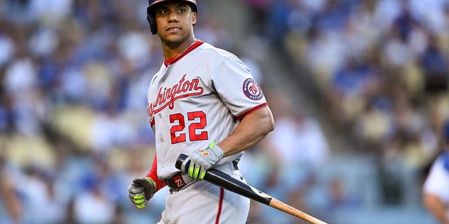 Juan Soto of the Washington Nationals reacts after failing in the first inning at Dodger Stadium on July 26, 2022.