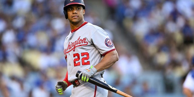 Washington Nationals' Juan Soto reacts after grounding out during first-inning action at Dodger Stadium on July 26, 2022.