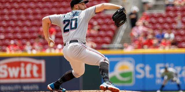 Daniel Castano of the Miami Marlins throws a pitch during the first inning against the Cincinnati Reds at Great American Ball Park, July 28, 2022, in Cincinnati, Ohio.