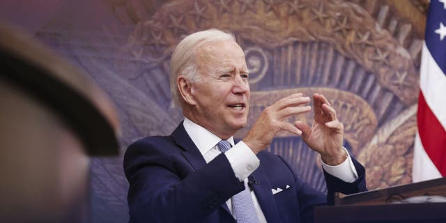 U.S. President Biden speaks in the Eisenhower Executive Office Building in Washington, D.C., US, on Thursday, July 28, 2022. The drumbeat of recession grew louder after the US economy shrank for a second straight quarter, as decades-high inflation undercut consumer spending and Federal Reserve interest-rate hikes stymied businesses and housing. (Oliver Contreras/Bloomberg via Getty Images)