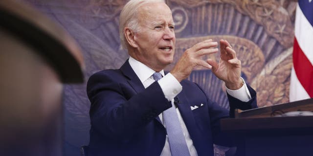 U.S. President Biden speaks in the Eisenhower Executive Office Building in Washington, D.C., US, on Thursday, July 28, 2022. The drumbeat of recession grew louder after the US economy shrank for a second straight quarter, as decades-high inflation undercut consumer spending and Federal Reserve interest-rate hikes stymied businesses and housing. (Oliver Contreras/Bloomberg via Getty Images)