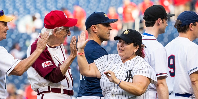 Rep. Linda Sanchez, D-Calif., takes the field during the Congressional Baseball Game at Nationals Park on Thursday, July 28, 2022. The Republicans prevailed over the Democrats by the score of 10-0. 