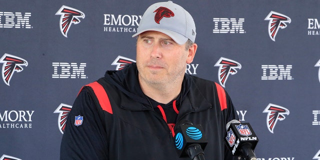 Atlanta Falcons head coach Arthur Smith fields questions in the post-practice media session following Saturday morning workouts July, 30, 2022, in Flowery Branch, Ga.