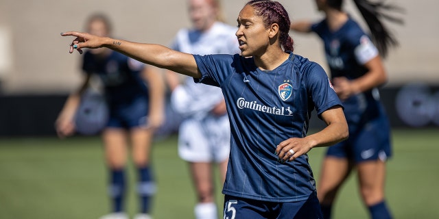Jalen Daniels of the North Carolina Courage instructs her team during a game against Portland Thorns FC on July 17, 2020 in Herriman, Utah.