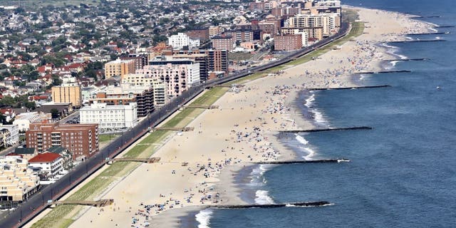 An aerial view of the ocean and shoreline at Long Beach, N.Y., on July 27, 2020. The ocean there was closed indefinitely after a second shark spotting in the water. 