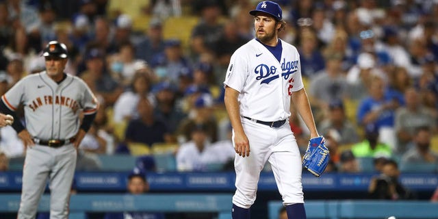Trevor Bauer of the Los Angeles Dodgers during the sixth inning against the San Francisco Giants at Dodger Stadium on June 28, 2021 in Los Angeles. 