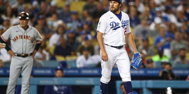 Trevor Bauer #27 of the Los Angeles Dodgers looks on during the 6th inning against the San Francisco Giants at Dodger Stadium on June 28, 2021 in Los Angeles, California. 