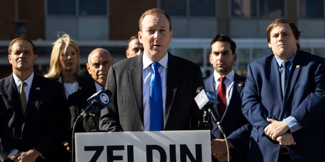 Central Islip, N.Y.: Congressman Lee Zeldin is joined by elected officials as they demand the demand a repeal of the cashless bail law on Nov. 10, 2021 in Central Islip, New York. (Photo by Alejandra Villa Loarca/Newsday RM via Getty Images)