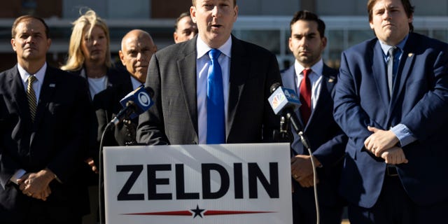 Central Islip, N.Y.: Congressman Lee Zeldin is joined by elected officials as they demand the demand a repeal of the cashless bail law on Nov. 10, 2021 in Central Islip, New York. (Photo by Alejandra Villa Loarca/Newsday RM via Getty Images)