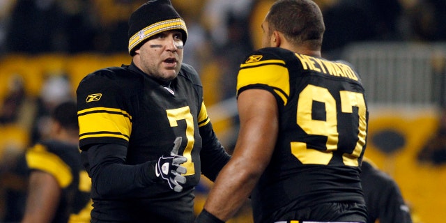 Ben Roethlisberger of the Steelers talks to Cameron Heyward during warmups before the Cleveland Browns game on Dec. 8, 2011, at Heinz Field in Pittsburgh.