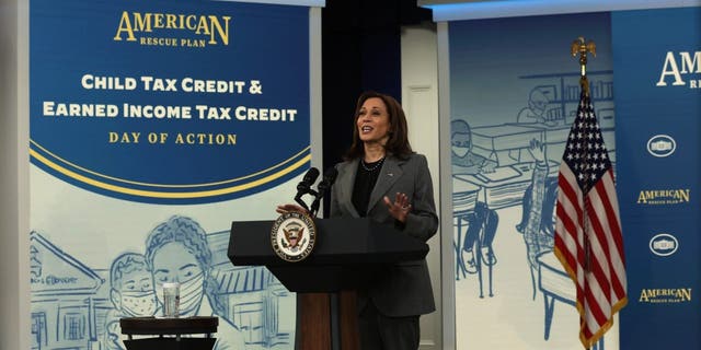 U.S. Vice President Kamala Harris speaks during a Child Tax Credit/Earned Income Tax Credit Day of Action event at the South Court Auditorium at Eisenhower Executive Office Building on February 8, 2022 in Washington, DC. 