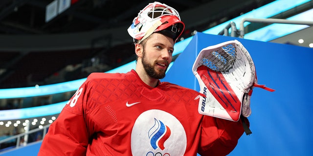 Team ROC goalkeeper Ivan Fedotov # reacts leaving the rink after beating Team Denmark 3-1 in the men's ice hockey quarter-final match between Team ROC and Team Denmark on day 12 of the Beijing 2022 Winter Olympic Games at Wokesong Sports Center on February 28. Is.  , 2022 in Beijing, China. 