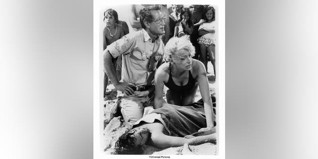 Roy Scheider and Lorraine Gary huddle anxiously over their son Chris Rebello in "Jaws."