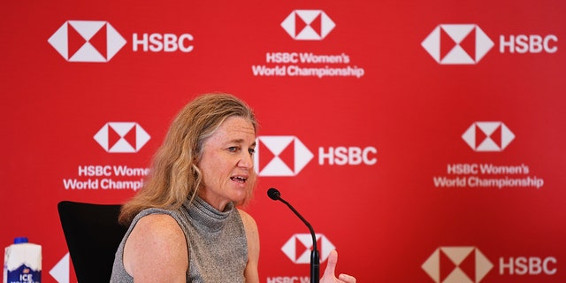 Mollie Marcoux Samaan, commissioner of the LPGA, talks during a press conference during the second round of the HSBC Women's World Championship at Sentosa Golf Club in Singapore on March 4, 2022.