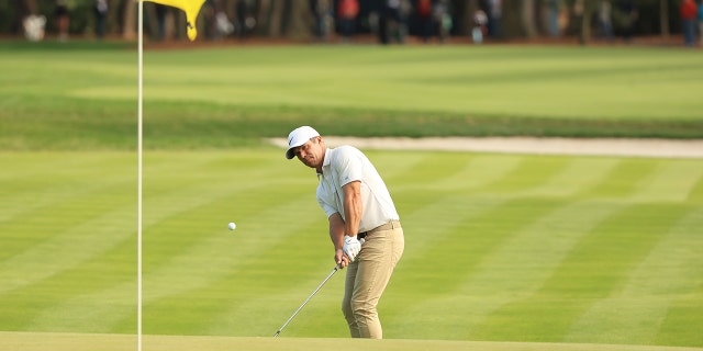 Paul Casey of England chips to the 15th green during the final round of THE PLAYERS Championship on the Stadium Course at TPC Sawgrass on March 14, 2022 in Ponte Vedra Beach, Florida. 