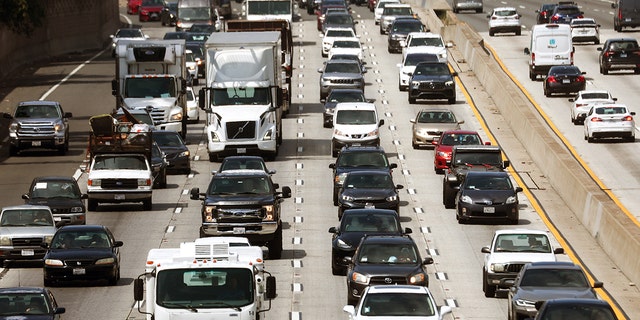  Vehicles drive on the 101 freeway in midday traffic on April 4, 2022 in Los Angeles, California. 