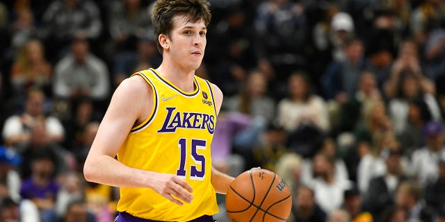 Austin Reeves of the Los Angeles Lakers in action during the first half against the Utah Jazz at the Vivint Smart Home Arena on March 31, 2022 in Salt Lake City, Utah.
