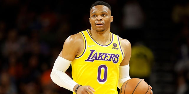 Russell Westbrook of the Los Angeles Lakers handles the ball at Footprint Center on April 5, 2022, in Phoenix, Arizona.