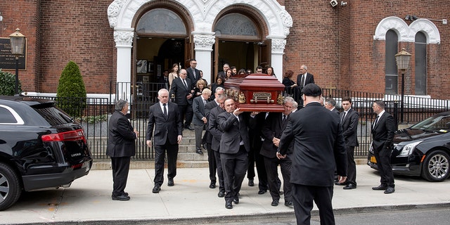 Funeral services for the acting mafia boss of the Colombo crime family, Andrew Russo, are held at Our Lady of Peace church on April 23, 2022, in the Gowanus neighborhood of Brooklyn, New York.  Russo, 87, paid ten million dollars to be out on bail after being indicted for threatening a union and died of natural causes. 