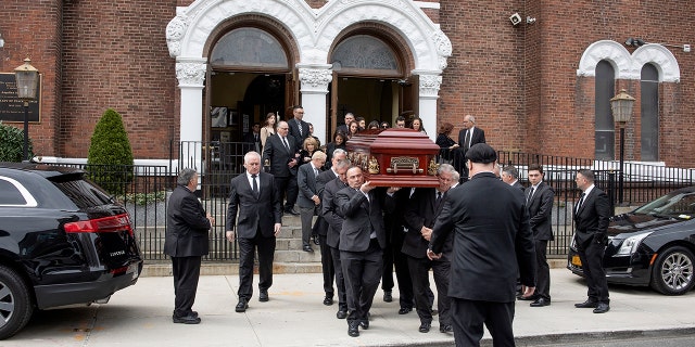 Funeral services for the acting mafia boss of the Colombo crime family, Andrew Russo, are held at Our Lady of Peace church on April 23, 2022, in the Gowanus neighborhood of Brooklyn, New York. Russo, 87, paid ten million dollars to be out on bail after being indicted for threatening a union and died of natural causes. 