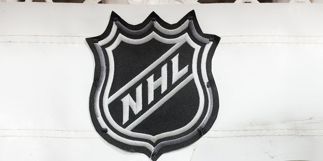 A general view of the NHL logo on the back of the goal on April 24, 2022 at the Prudential Center in Newark, New Jersey.  