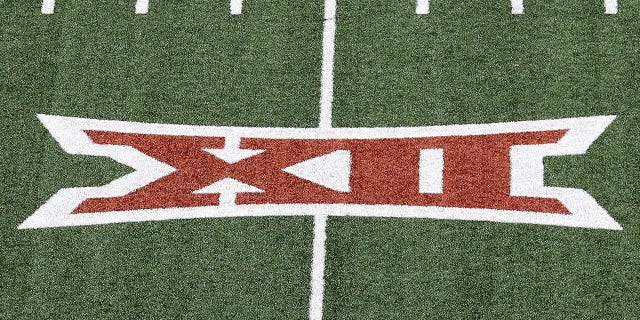 A Big 12 logo is seen on the turf during the Orange-White Spring Game at Darrell K Royal-Texas Memorial Stadium on April 23, 2022 in Austin, Texas. 