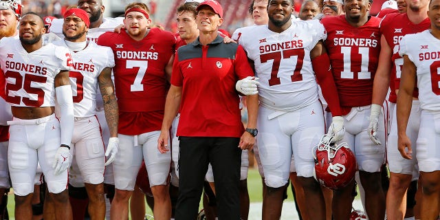 Oklahoma Sooners head coach Brent Venables stands with his alma mater team during a spring match at the Gay Road Family Oklahoma Memorial Stadium in Norman, Oklahoma on April 23, 2022.  