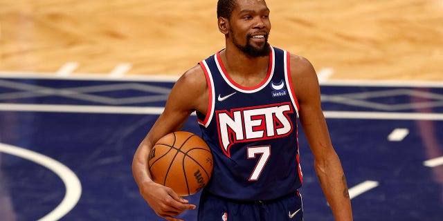 Kevin Durant #7 of the Brooklyn Nets reacts during Game Four of the Eastern Conference First Round Playoffs against the Boston Celtics at Barclays Center on April 25, 2022 in the Brooklyn borough of New York City. The Boston Celtics defeated the Brooklyn Nets 116-112. 