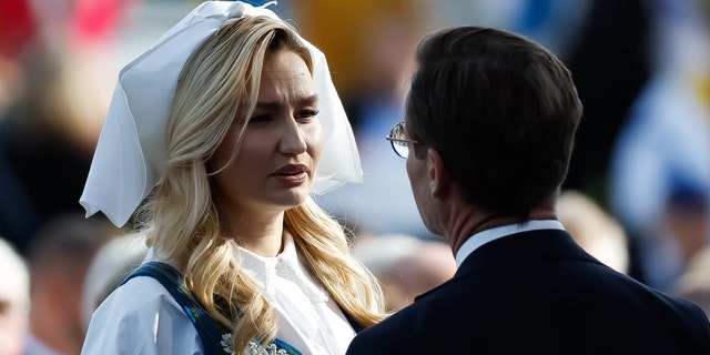 Ebba Busch and Ulf Kristersson speak during a ceremony celebrating Sweden's national day at Skansen June 6, 2022, in Stockholm, Sweden.