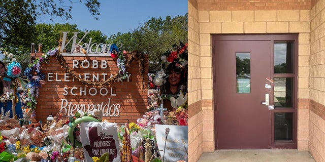 A combination of a Rob Elementary School sign and a photo of the entrance door to the west of the school. The sign is covered with flowers and gifts on June 17, 2022 in Uvalde, Texas. This is the location of the May shootings that killed 19 students and 2 teachers.