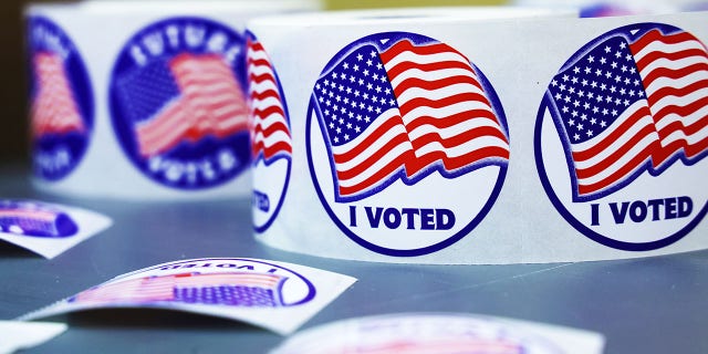 "I voted" Stickers are seen at a polling station at Rose Hill Elementary School during the midterm primary election June 21, 2022 in Alexandria, Virginia.