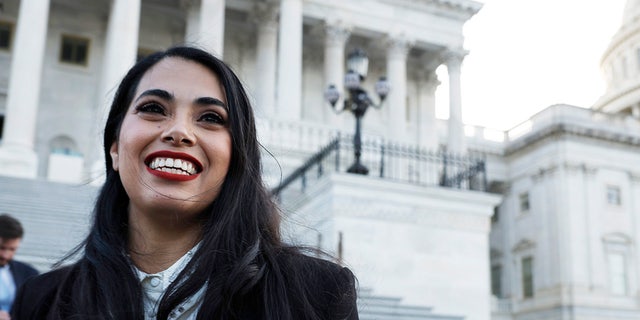 U.S. Rep. Mayra Flores, R-Texas, is interviewed by a reporter outside the Capitol Building after being sworn in on June 21, 2022 in Washington, DC.