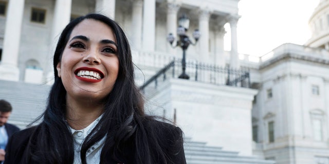 U.S. Rep. Mayra Flores (R-TX) is interviewed by a reporter outside the Capitol Building after being sworn in on June 21, 2022 in Washington, DC.