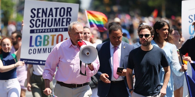 Senate Majority Leader Chuck Schumer participates in the New York City Pride Parade on Fifth Avenue on June 26, 2022 in New York City.