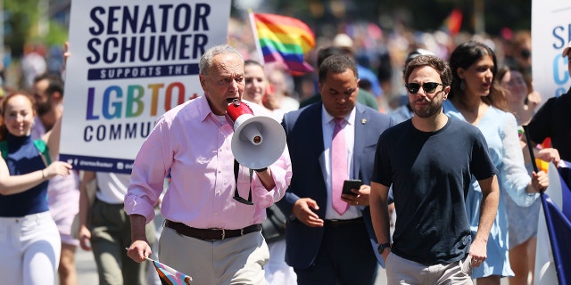 Senate Majority Leader Chuck Schumer participates in the New York City Pride Parade on Fifth Avenue on June 26, 2022 in New York City.