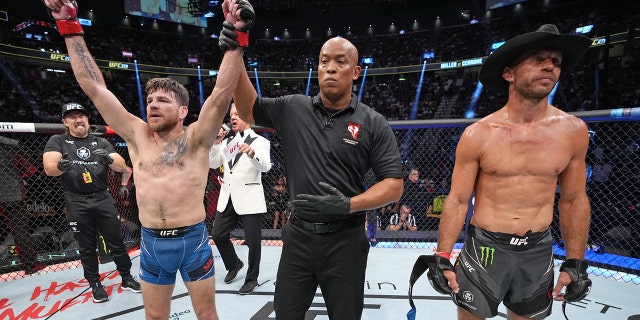 Jim Miller reacts to his win over Donald Cerrone in a welterweight fight during the UFC 276 event at T-Mobile Arena on July 02, 2022 in Las Vegas, Nevada. (Photo by Jeff Bottari/Zuffa LLC)