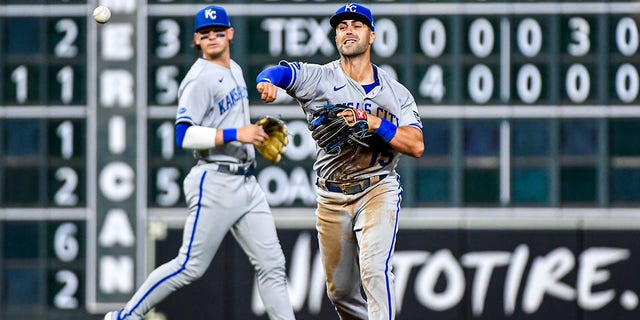 Kansas City Royals Whit Merrifield # 15 will field the ball five times against the Houston Astros at Minute Maid Park on July 5, 2022 in Houston, Texas. 