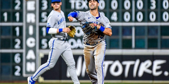 Kansas City Royals Whit Merrifield # 15 will field the ball five times against the Houston Astros at Minute Maid Park on July 5, 2022 in Houston, Texas. 