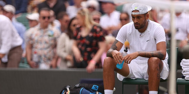 Nick Kyrgios reacts against Cristian Garin on day 10 of The Championships Wimbledon at All England Lawn Tennis and Croquet Club on July 6, 2022, in London. 